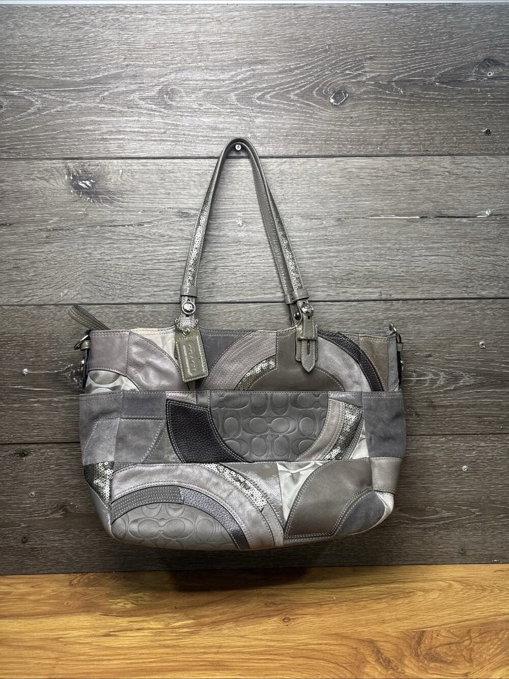 COACH Patchwork Tote Bag Gray Leather Suede Sequin Shoulder Handbag